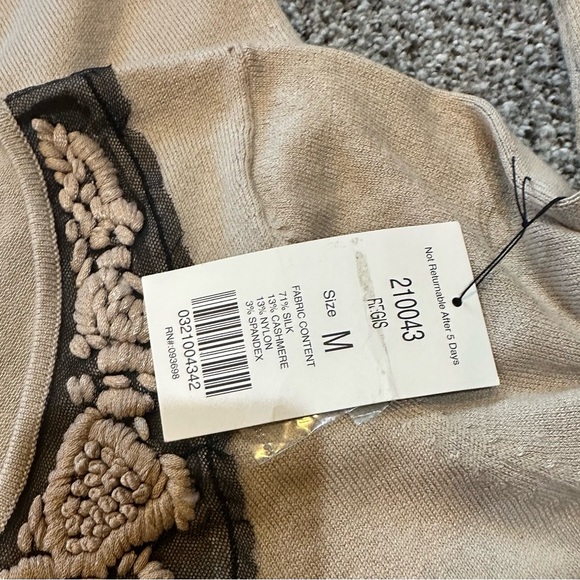 Etcetera M Silk Cashmere Tan Sweater Sheer Black Embroidered Detail R $275 - Picture 7 of 12